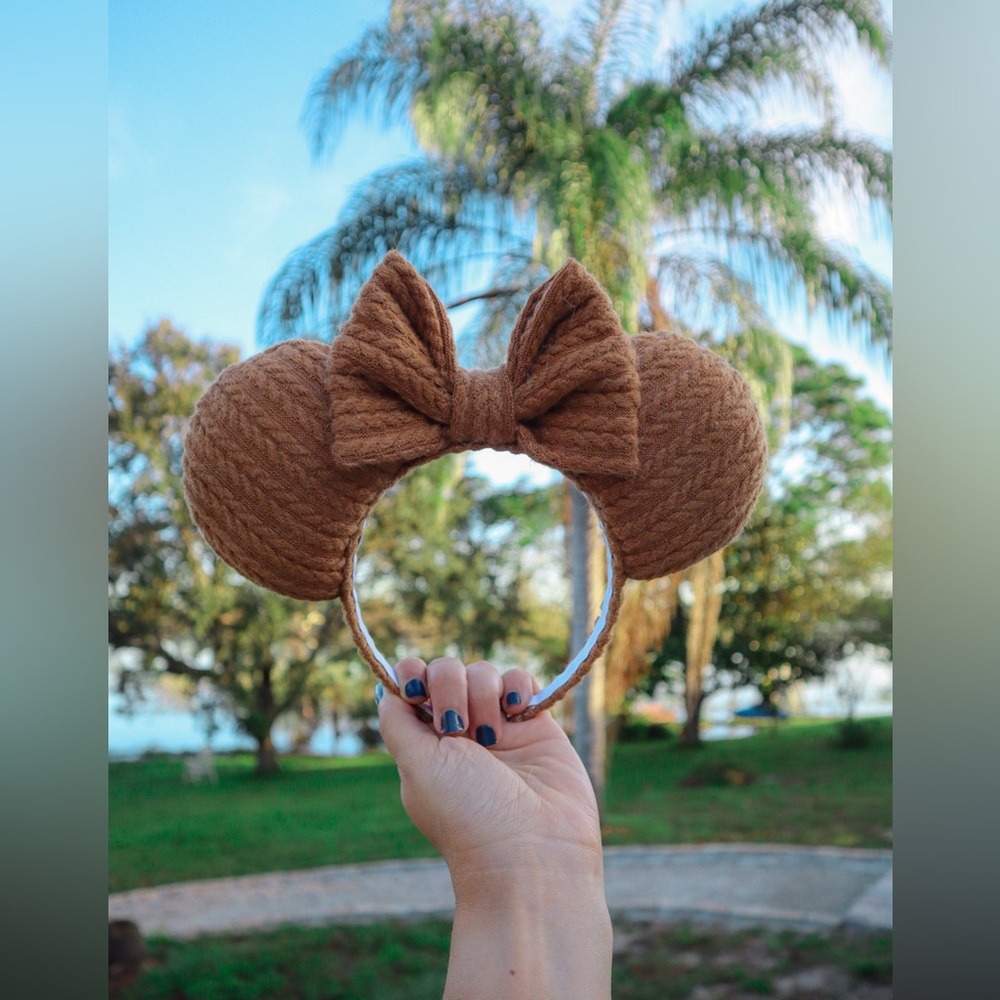 Brand New Custom Sweater Brown Minnie Ears Headband with Bow